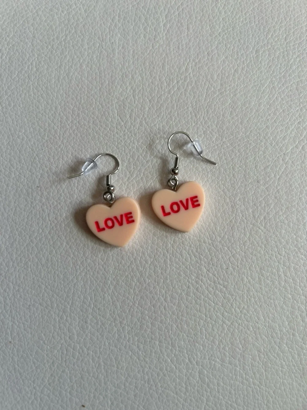 Conversation Hearts Love Dangle Drop Earrings in Peach with Pink Lettering